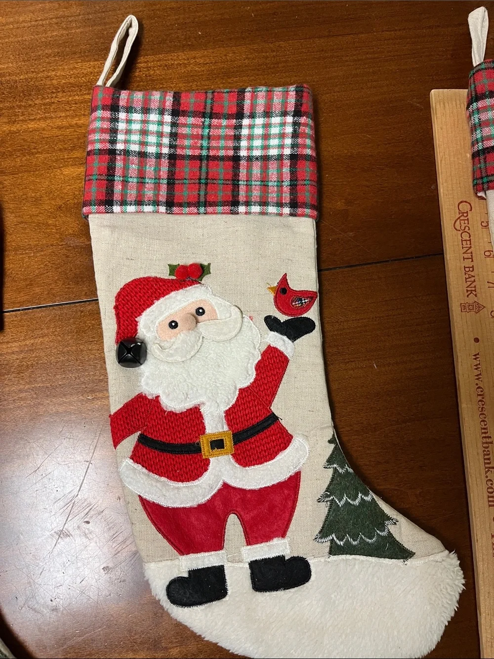 Plaid-Trim Holiday Stockings Set with Santa, Snowman & Reindeer - Cream and Red